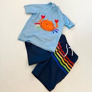 Two piece rash guard and swim trunks